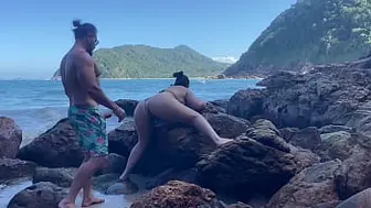 Sweet wifey with huge rear-end having sex on the beach in a thong