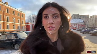 Slut agreed to walk with a stranger's Jizz on her face in a public place - Cumwalk