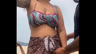 I WAS NAKED ON THE BEACH IN FRONT OF THE LOVER, HE GOT A HARD COCK, AND I GAVE HIS SCHLONG A LITTLE GRIP