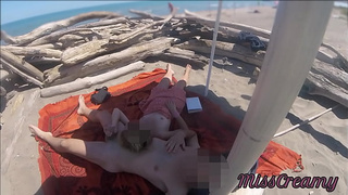 Exhibitionist Teacher Outdoor Amatuer Milf Hand-job Giant Penis on Nudity Beach public in front of hidden with spunk P1 - MissCreamy