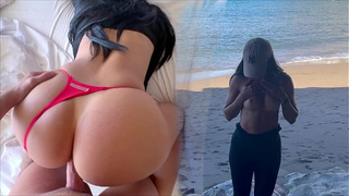 BEACH ADVENTURE: Perfect melons & humongous rear-end exposed in public and gets slammed after topless