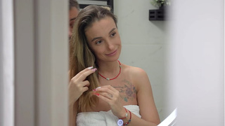Morning blowjob for stepbrother in bathroom. Hot cum on my face.
