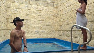 My stepsister surprises me by putting my meat in the pool pipe, it excites her and she wants me to fuck her.