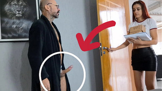 Perverted grandpa receives delivery whore with her meat out!