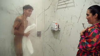 Gigantic booty stepmom ends up fucking her petite stepson after snooping on him in the shower