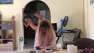 Homemade Kinky stepdaughter hid in the fridge and got behind fuck from daddy while mom watch TV