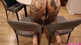 MASSIVE TIT Enormous Meaty BUTT Tattooed Milf Gets Hammered Hard While Trying To Movie Herself with Her Legs Spread On 2 Chairs POINT OF VIEW - Melody Radford