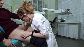 A female ukrainian doctor with glasses grabbed the patient's meat and began to greedily give him a hard-core oral sex